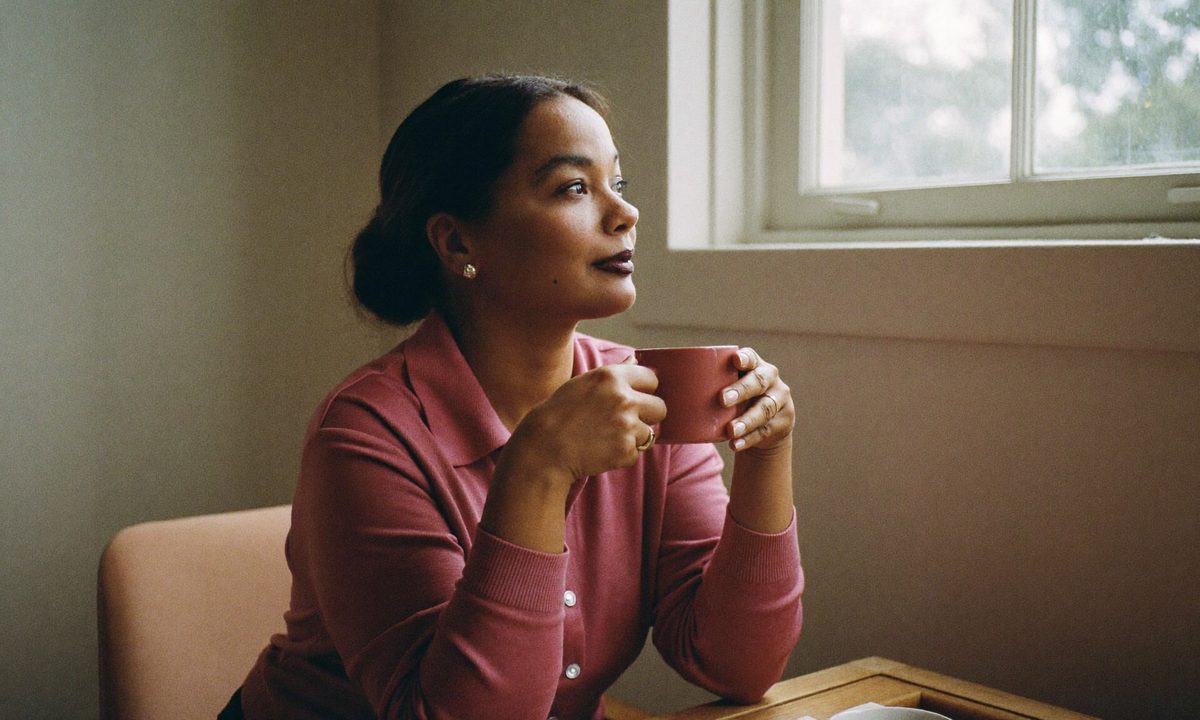 A woman in her forties sitting by a window, looking thoughtful