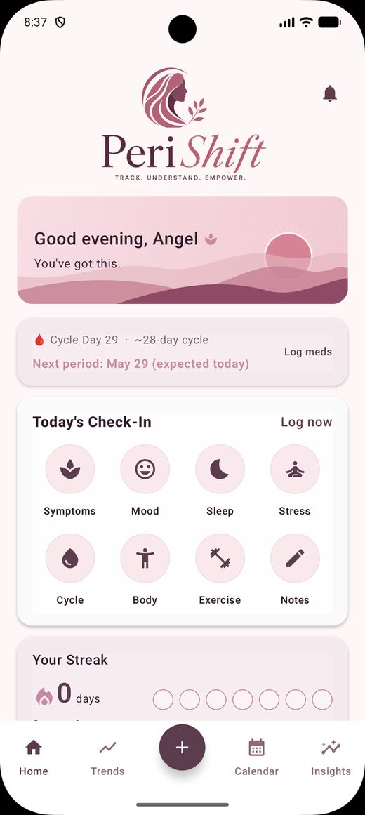 PeriShift app home screen