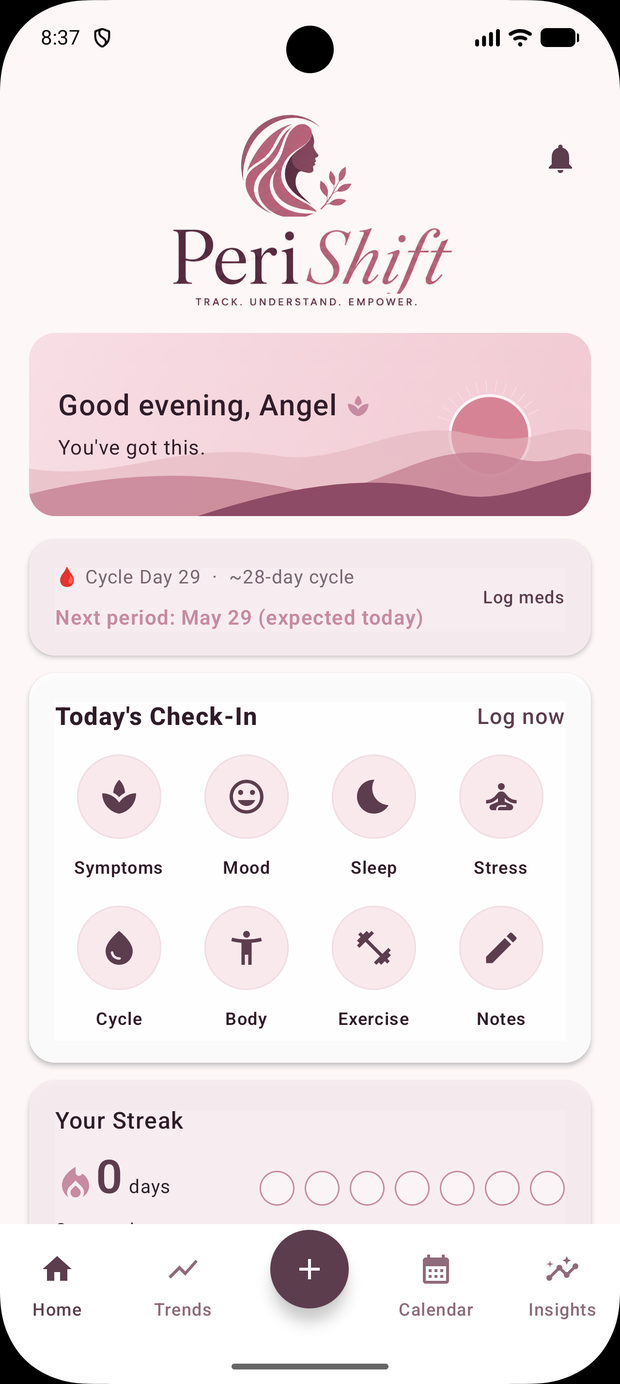 PeriShift app home screen