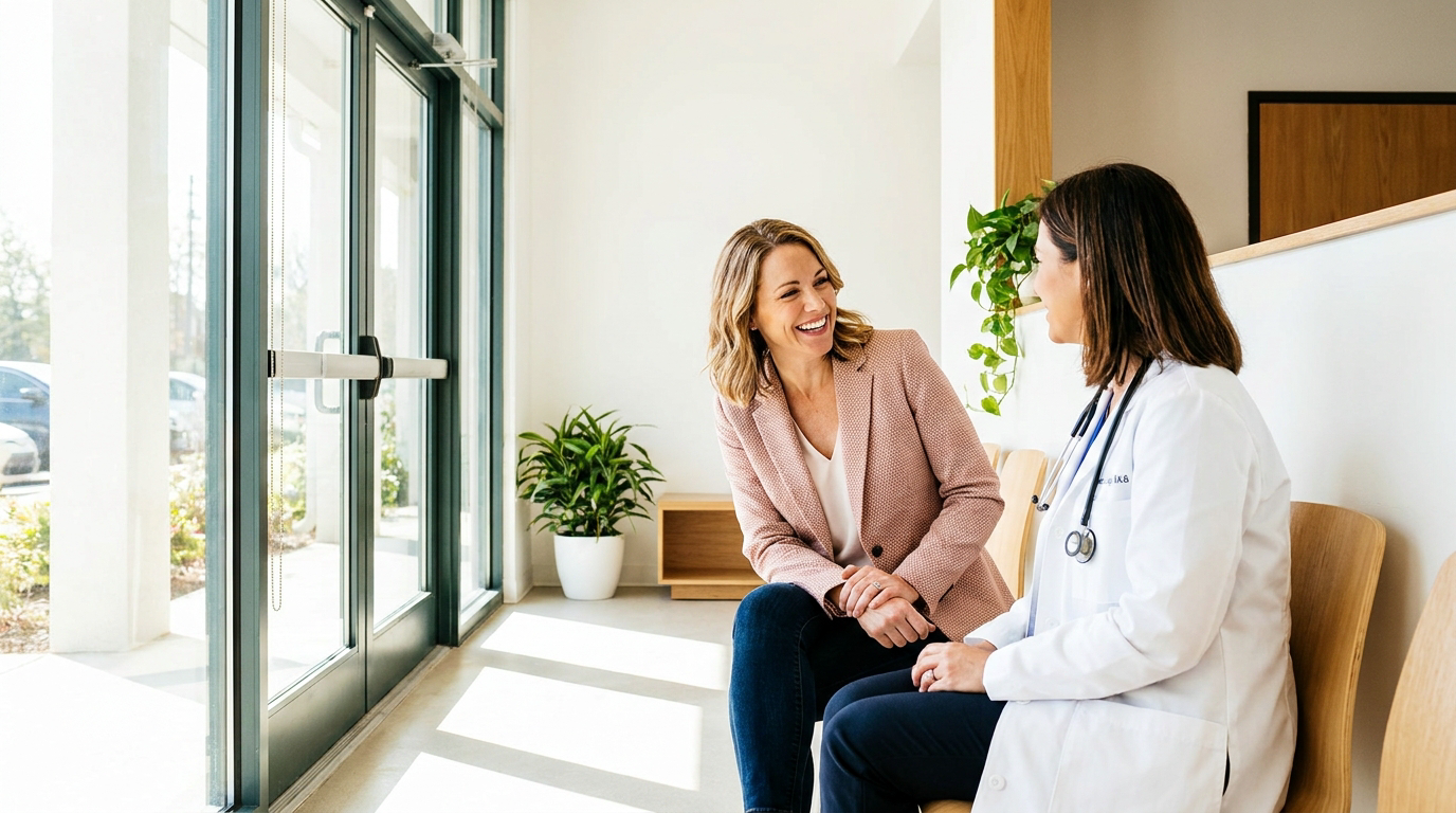 A woman in midlife talking with her doctor during an appointment